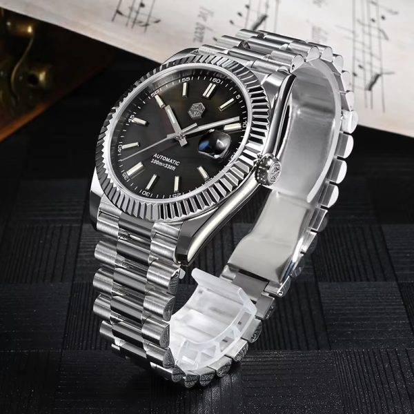 San Martin Men Watch 40mm Vintage MOP Dial Retro Business Luxury Sapphire PT5000 Automatic Mechanical Carving Fluted Bezel 10Bar