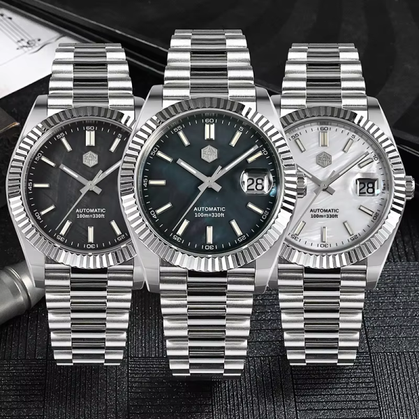 San Martin Men Watch 40mm Vintage MOP Dial Retro Business Luxury Sapphire PT5000 Automatic Mechanical Carving Fluted Bezel 10Bar